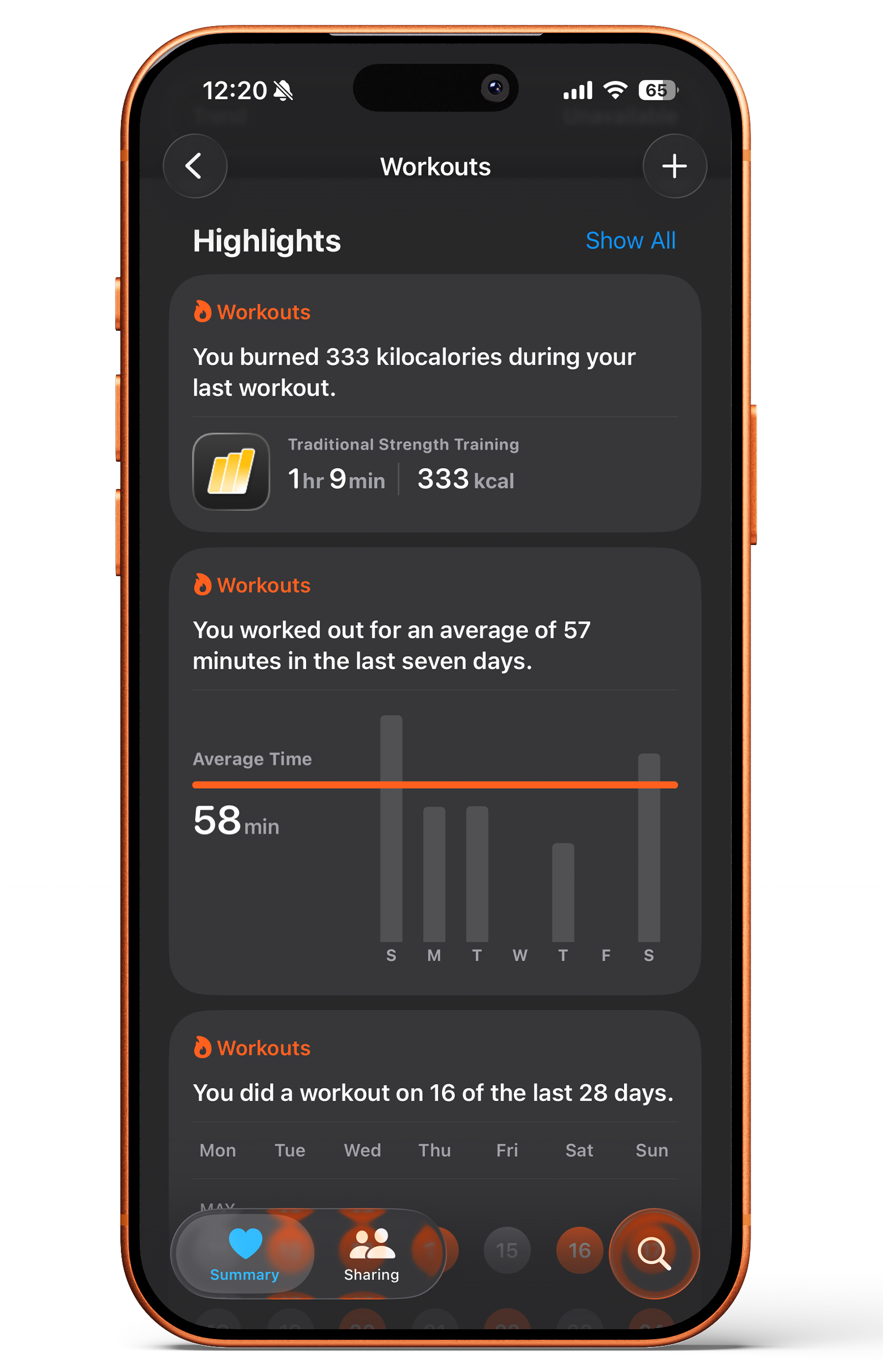 Apple Health workouts screen showing strength training calories, duration, and consistency highlights