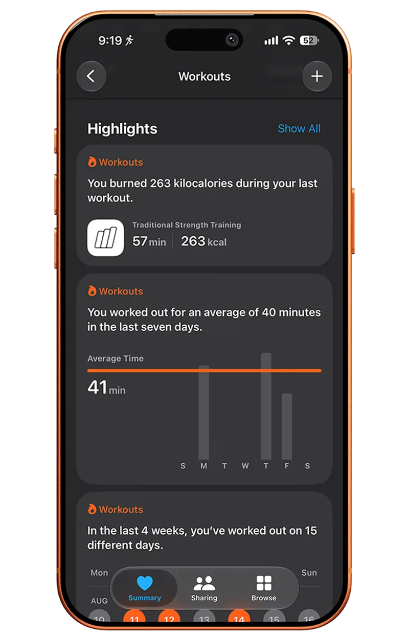Apple Health workouts highlights showing last session calories, weekly average time, and monthly frequency