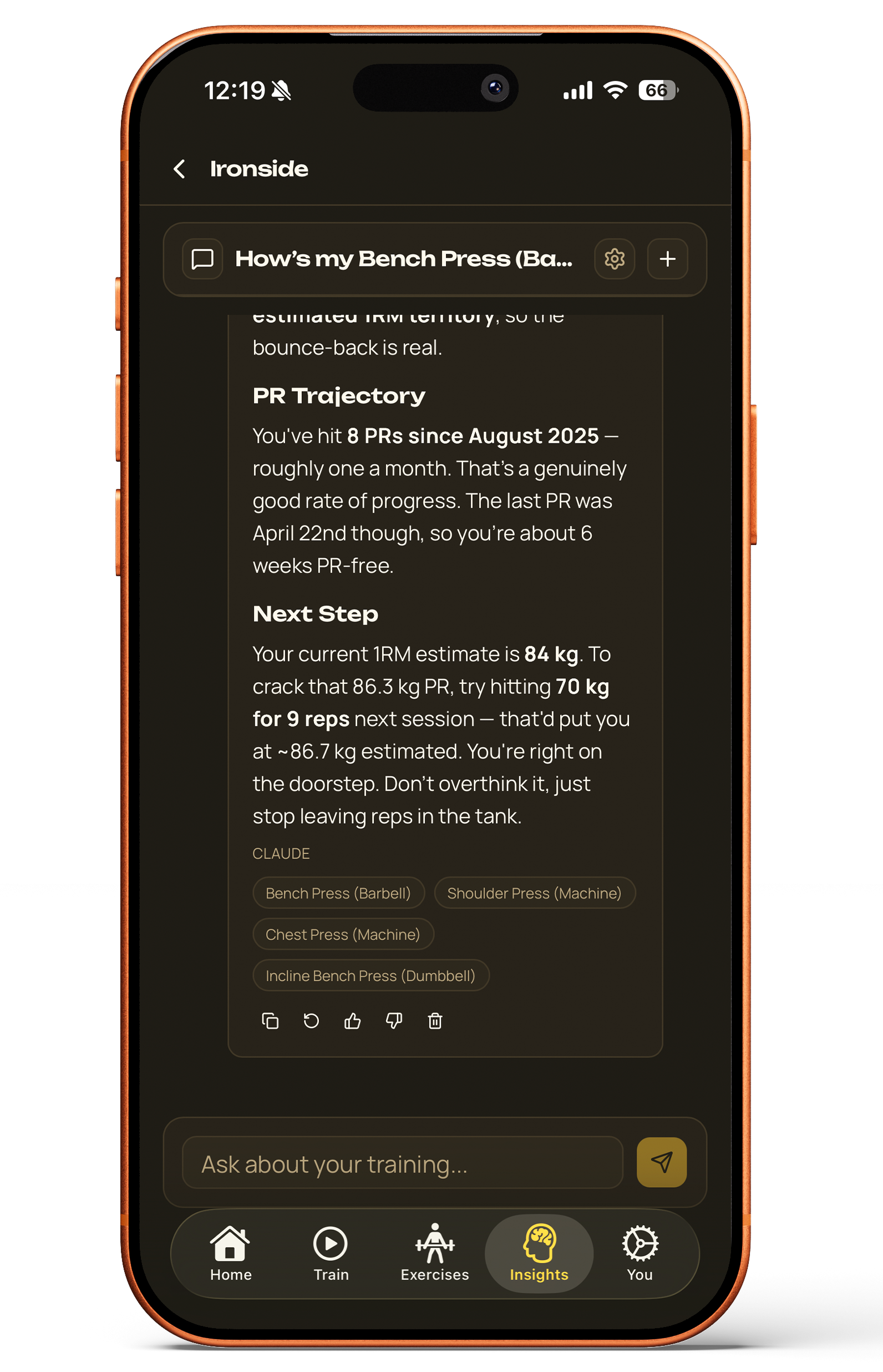 Ironside AI coach chat analysing bench press PR trajectory and next session targets