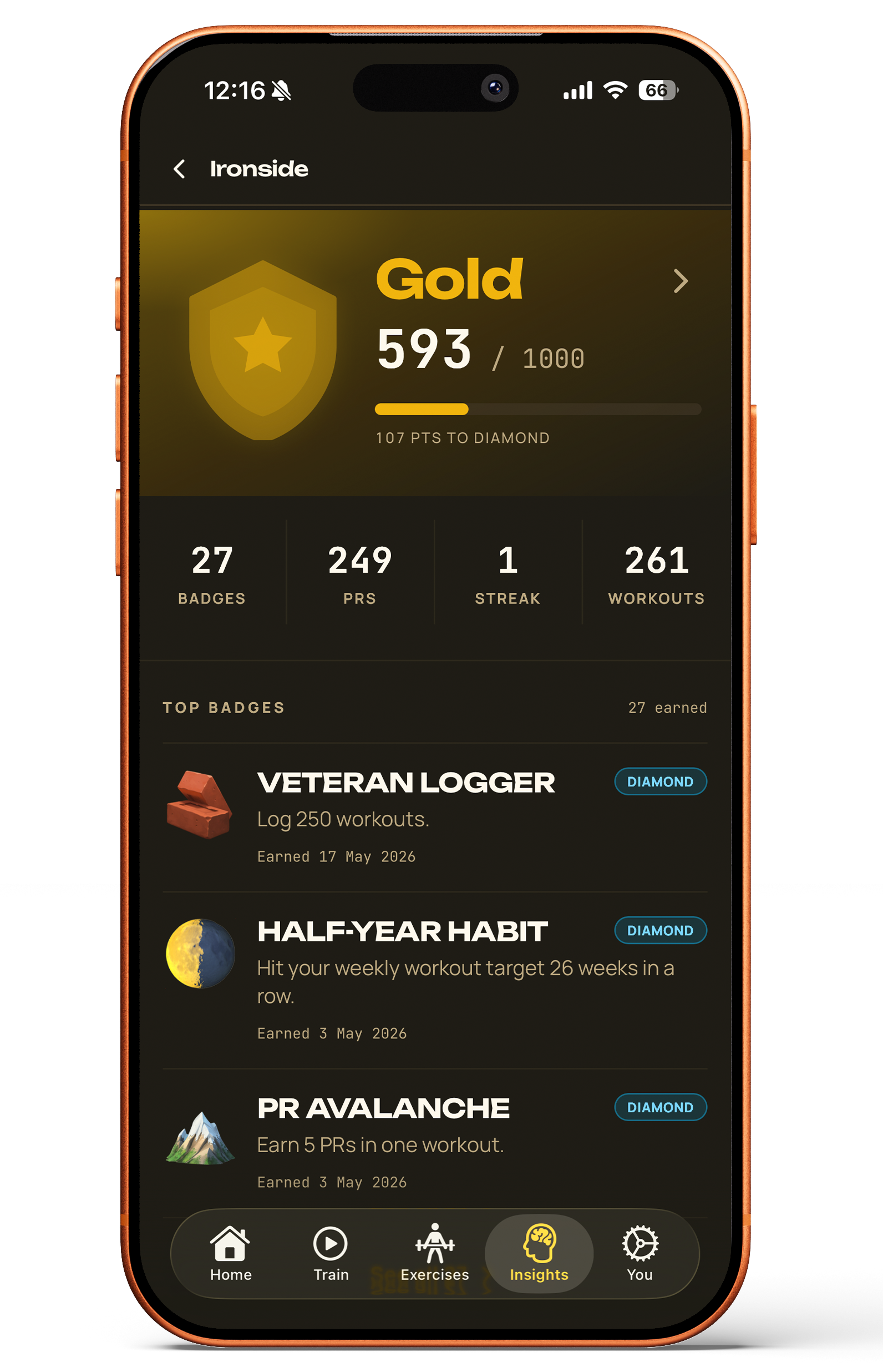 Ironside Power Rank screen showing Gold tier progress, badges, and milestones