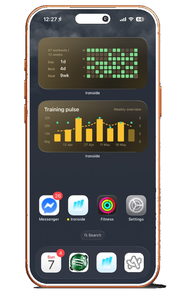 iPhone home screen with Ironside workout frequency and training pulse widgets
