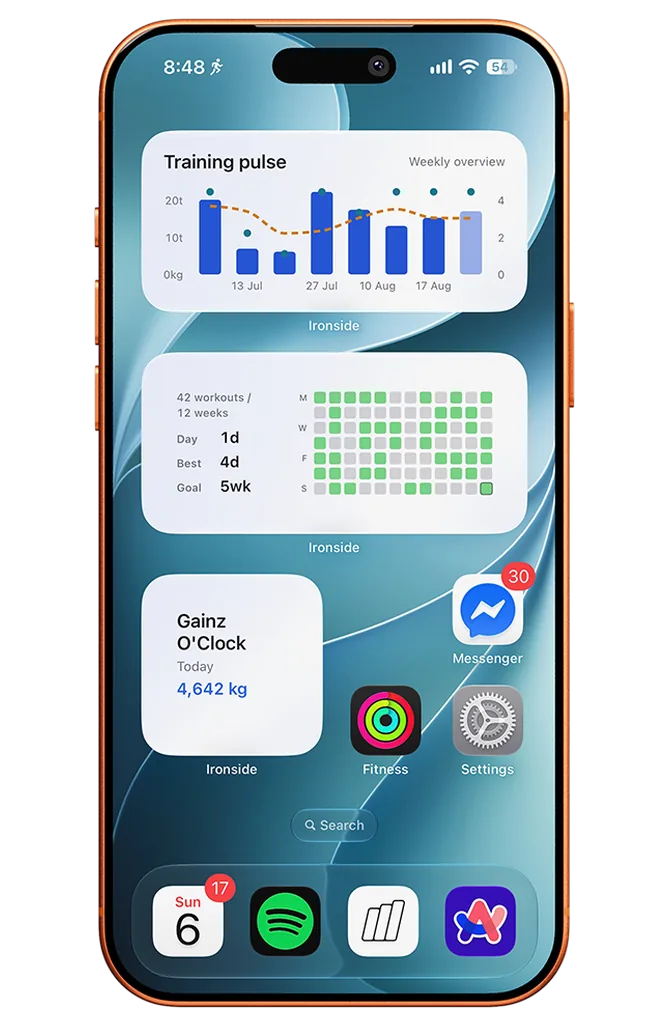 iPhone home screen with Ironside training pulse, workout heatmap, and Gainz O'Clock widgets