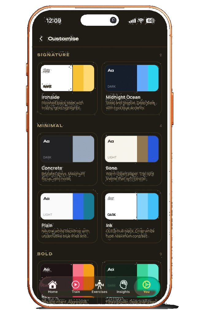 Ironside theme picker showing Signature, Minimal, and Bold colour themes