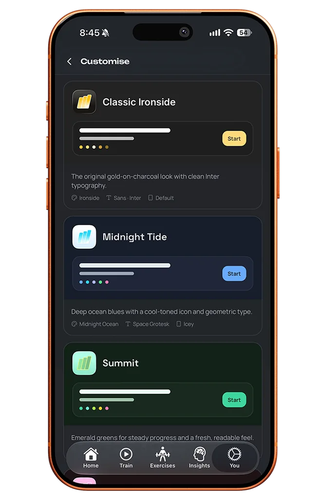 Ironside Customise screen showing Classic Ironside, Midnight Tide, and Summit theme packs