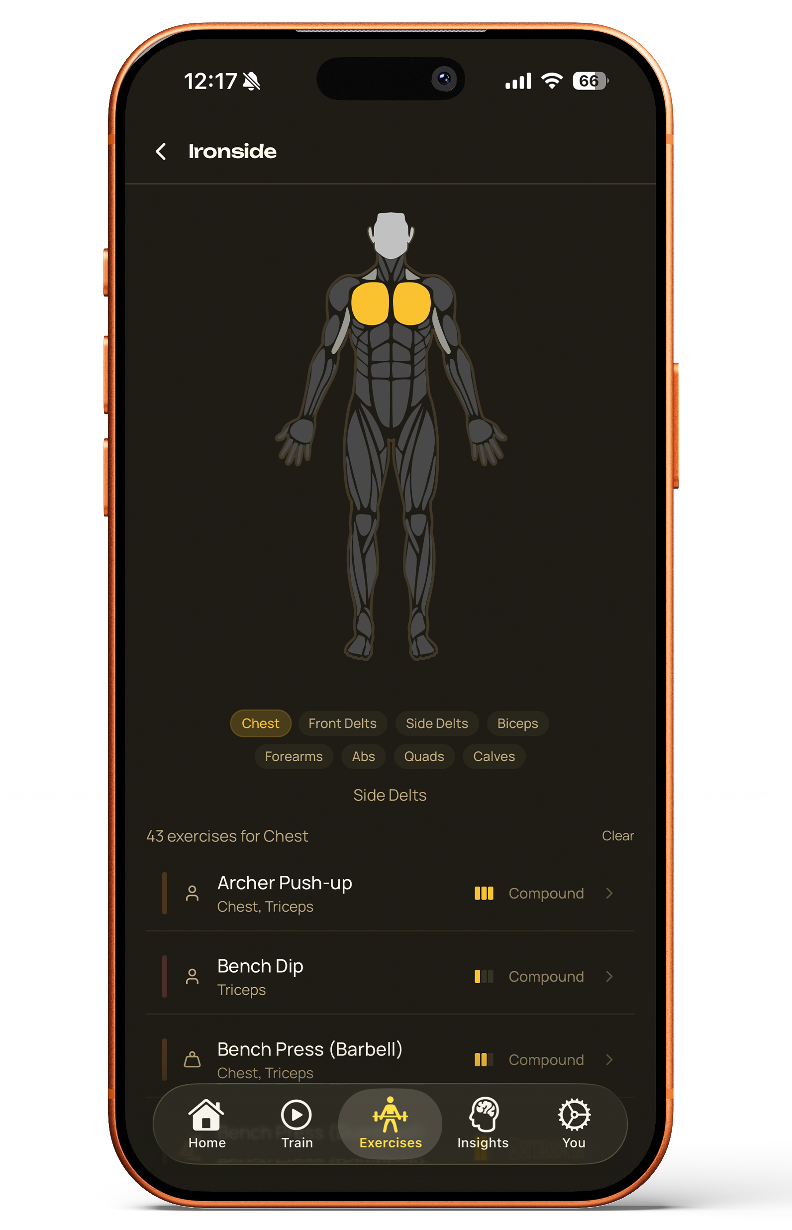 Ironside exercise library with anatomical muscle map filtered to chest exercises