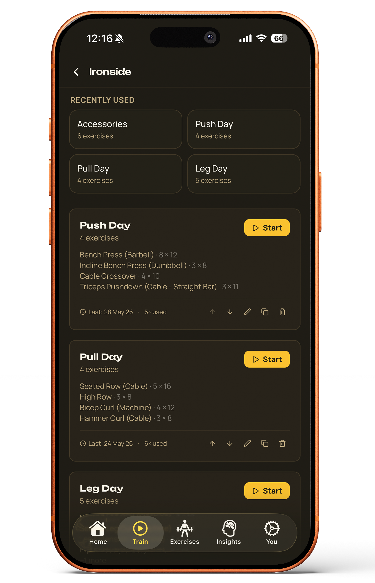 Ironside workout templates screen with Push Day, Pull Day, and Leg Day routines