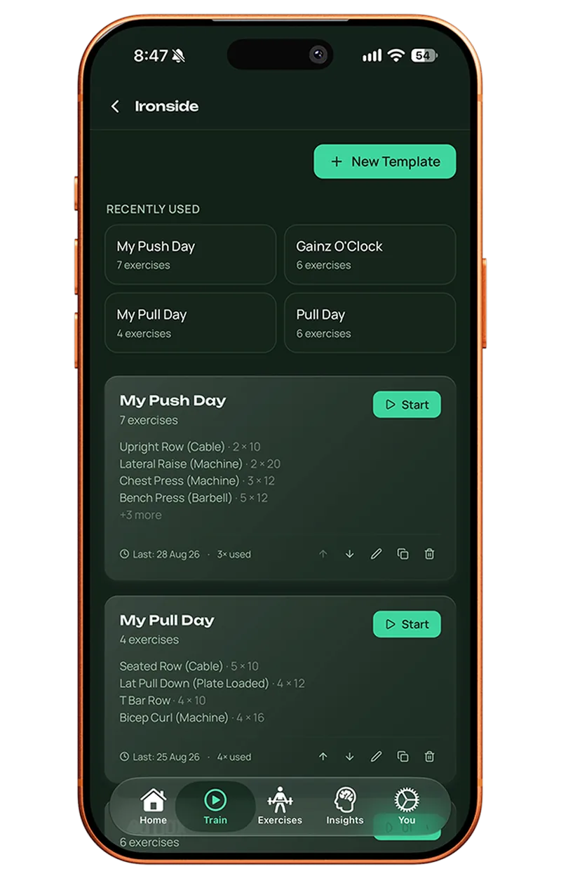 Ironside workout templates screen with My Push Day and My Pull Day routines